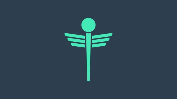 Turquesa Caduceo serpiente símbolo médico icono aislado sobre fondo azul. Medicina y salud. Emblema para farmacia o medicina, farmacia. Animación gráfica de vídeo 4K — Vídeo de stock