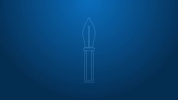 Fehér vonal Középkori lándzsa ikon elszigetelt kék háttérrel. Középkori fegyver. 4K Videó mozgás grafikus animáció — Stock videók