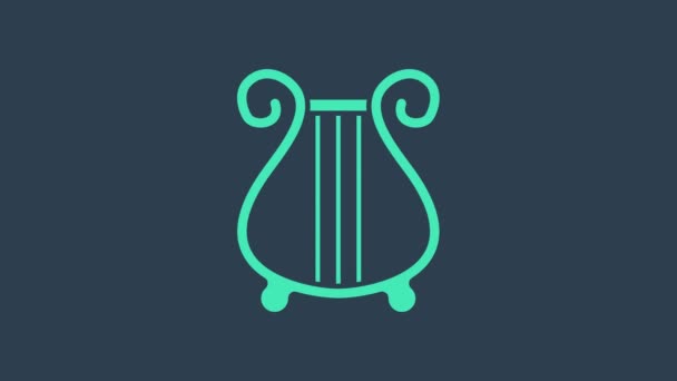 Turkus Starożytna grecka ikona liry odizolowana na niebieskim tle. Klasyczny instrument muzyczny, orhestra strunowy element akustyczny. 4K Animacja graficzna ruchu wideo — Wideo stockowe