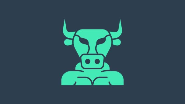 Icona del minotauro turchese isolata su sfondo blu. Mitica creatura greca potente il mezzo toro umano leggendario minotauro dal labirinto cretan. Animazione grafica 4K Video motion — Video Stock