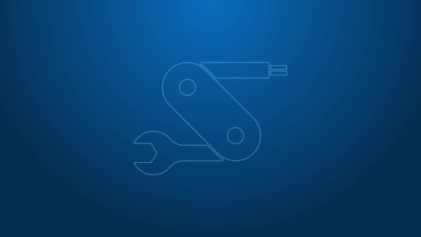 White line Swiss army knife icon isolated on blue background. Multi-tool, multipurpose penknife. Multifunctional tool. 4K Video motion graphic animation — Stock Video