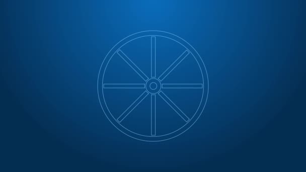Vit linje Cykel hjul ikon isolerad på blå bakgrund. Cykeltävling. Extrem sport. Sportutrustning. 4K Video motion grafisk animation — Stockvideo