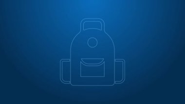 Beyaz çizgi okul sırt çantası ikonu mavi arkaplanda izole edildi. 4K Video hareketli grafik canlandırması