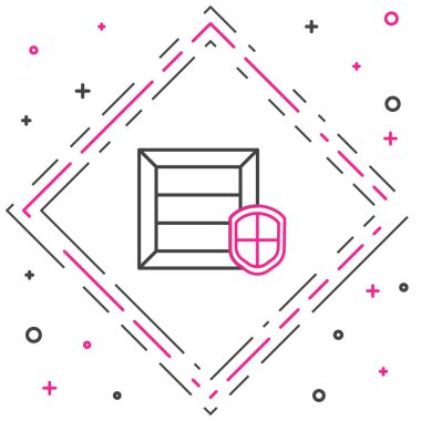 Beyaz arka planda kalkan simgesi olan hat teslimat paketi güvenliği. Teslimat sigortası. Kalkanın ötesinde sigorta kutuları var. Renkli taslak konsepti. Vektör İllüstrasyonu.