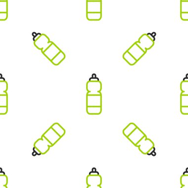 Çizgi fitness sallama simgesi beyaz arkaplanda izole edilmiş kusursuz desen. Su ve protein kokteylleri için kapaklı spor karıştırıcı şişesi. Vektör İllüstrasyonu.