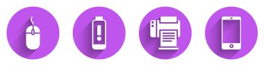 Bilgisayar faresi, pil şarj seviyesi göstergesi, yazıcı ve akıllı telefon, cep telefonu simgesini uzun gölgeli ayarla. Vektör.