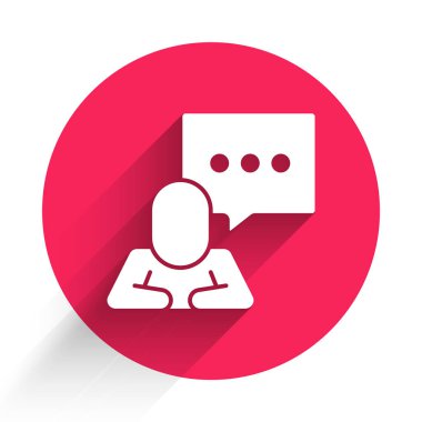 Beyaz Konuşma baloncuk sohbet simgesi uzun gölgeli izole. İleti simgesi. İletişim ya da yorum sohbet sembolü. Kırmızı daire düğmesi. Vektör.