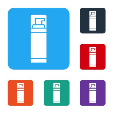 Beyaz arka planda beyaz tıraş köpüğü simgesi izole edildi. Tıraş köpüğü. Renkli kare düğmelerle simgeleri ayarla. Vektör.