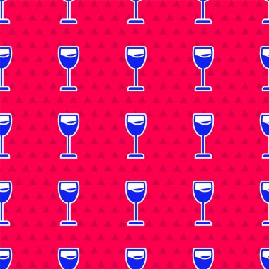 Mavi şarap ikonu, kırmızı arkaplanda izole edilmiş, pürüzsüz desen. Şarap kadehi işareti. Vektör.