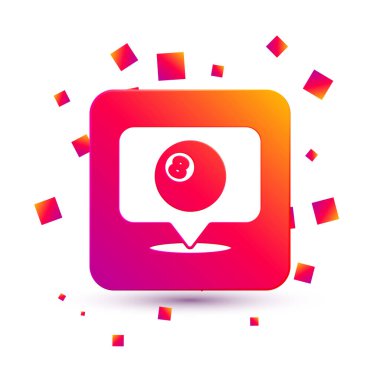 Bilardo bilardo topu ile beyaz arka planda 8 numaralı ikon izole edilmiş beyaz harita işaretçisi. Kare renk düğmesi. Vektör.