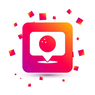 Beyaz arkaplanda izole edilmiş bowling topu simgesi olan beyaz harita işaretçisi. Spor malzemeleri. Kare renk düğmesi. Vektör.