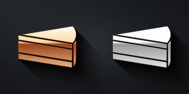 Siyah arka planda izole edilmiş altın ve gümüş renkli kek ikonu. Doğum günün kutlu olsun. Uzun gölge tarzı. Vektör.