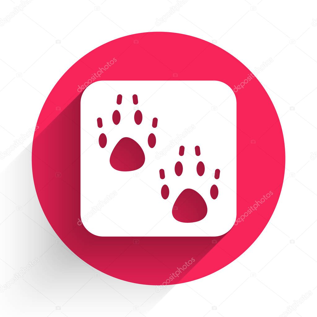 White Paw print icon isolated with long shadow. Dog or cat paw print. Animal track. Red circle button. Vector.