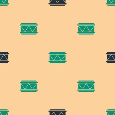 Yeşil ve siyah Drum simgesi, bej arkaplandaki kusursuz deseni izole etti. Müzik işareti. Müzik aleti sembolü. Vektör.