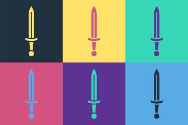 Pop Art Ortaçağ kılıç ikonu renk arkaplanında izole edilmiş. Ortaçağ silahı. Vektör.