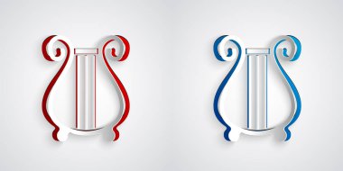 Kağıt kesiği, gri arka planda izole edilmiş Antik Yunan lir simgesi. Klasik müzik enstrümanı, orkestra akustik elementi. Kağıt sanatı tarzı. Vektör.