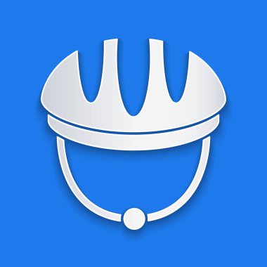 Kağıt kesiği bisiklet başlığı simgesi mavi arkaplanda izole edildi. Olağanüstü bir spor. Spor malzemeleri. Kağıt sanatı tarzı. Vektör.