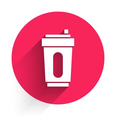 Uzun gölgeli, su ikonlu beyaz spor şişesi. Kırmızı daire düğmesi. Vektör.