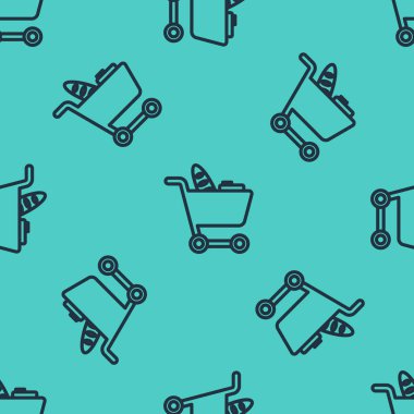 Siyah çizgili alışveriş arabası ve yiyecek ikonu yeşil arka planda izole edilmiş kusursuz desen. Yiyecek dükkanı, süpermarket. Vektör İllüstrasyonu.