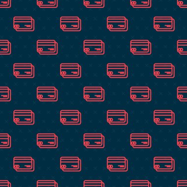 Kırmızı çizgi kredi kartı simgesi siyah arkaplanda kusursuz desen izole etti. Çevrimiçi ödeme. Nakit çekilmesi. Finansal operasyonlar. Alışveriş tabelası. Vektör İllüstrasyonu.