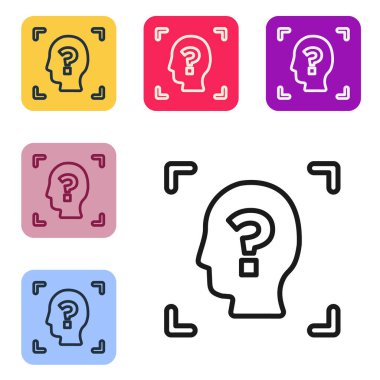 Beyaz arkaplanda siyah çizgi yüz tanıma simgesi izole edildi. Yüz tanımlama simgesi. Yüz tanıma. Siber güvenlik kavramı. Renkli kare düğmelerle simgeleri ayarla. Vektör.