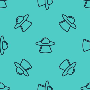 Siyah çizgi UFO uçan uzay gemisi simgesi yeşil arka planda izole edilmiş kusursuz desen. Uçan daire. Uzaylı uzay gemisi. Gelecekteki bilinmeyen uçan nesne. Vektör.