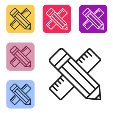 Siyah çizgi, beyaz arkaplanda izole edilmiş cetvel ve kalem simgesi. Düz sembol. Çizim ve eğitim araçları. Renkli kare düğmelerle simgeleri ayarla. Vektör.