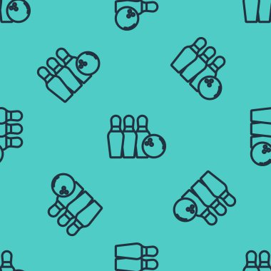 Siyah çizgi bovling pimi ve top ikonu yeşil arka planda izole edilmiş pürüzsüz desen. Spor malzemeleri. Vektör.