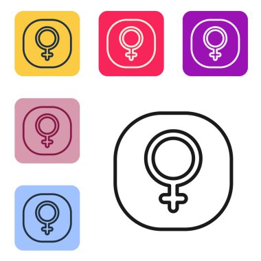 Beyaz arkaplanda siyah çizgi Venüs sembolü izole edilmiş. Astroloji, numeroloji, yıldız falı, astronomi. Renkli kare düğmelerle simgeleri ayarla. Vektör.