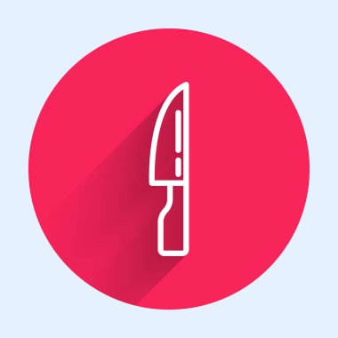 Uzun gölgeli beyaz çizgi barbekü bıçağı ikonu. Mutfak bıçağı ikonu. Barbekü bıçağı işareti. Barbekü ve ızgara aleti. Kırmızı daire düğmesi. Vektör.