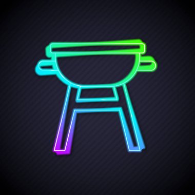 Parlayan neon hattı ızgara ikonu siyah arkaplanda izole edildi. Barbekü ızgara partisi. Vektör.