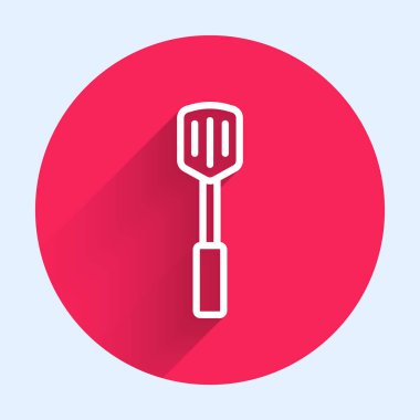 Beyaz çizgi ızgara spatula ikonu uzun gölgeli izole edilmiş. Mutfak spatula ikonu. Barbekü spatula işareti. Barbekü ve ızgara aleti. Kırmızı daire düğmesi. Vektör.