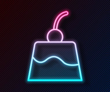 Parlak neon çizgili puding kreması ve siyah arkaplanda izole edilmiş karamel jöleli ikon. Vektör.