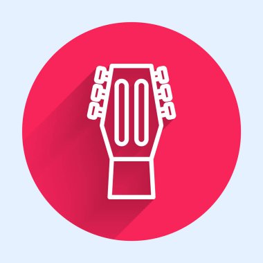 Beyaz çizgi gitar ikonu uzun gölgeli izole edilmiş. Akustik gitar. Telli müzik aleti. Kırmızı daire düğmesi. Vektör.