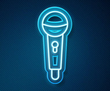 Parlayan neon hattı mikrofon simgesi mavi arkaplanda izole edildi. Radyodaki mikrofondan. Sözcü işareti. Vektör.