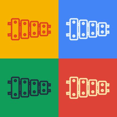 Pop sanat çizgisi Xylophone - 13 tahta çubuklu müzik aleti ve renkli arka planda iki perküsyon tokmağı ikonu. Vektör.