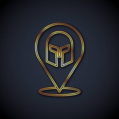 Altın çizgili kask simgesi siyah arkaplanda izole edilmiş. Tüylü ya da at tüylü askerleri korumak için antika miğfer. Vektör.