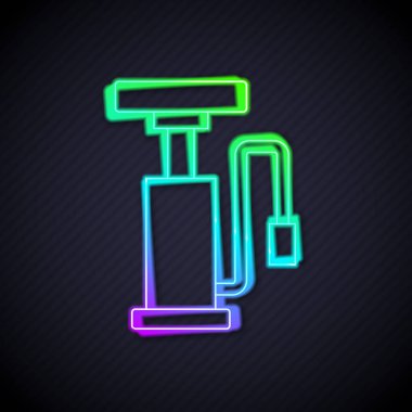 Parlayan neon hat bisiklet hava pompası ikonu siyah arkaplanda izole edildi. Vektör.