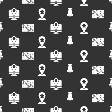 Push pimini, şehir haritası navigasyonunu, konum işaretleyicili monitörü ve yıldızlı harita işaretçisini kusursuz desenli ayarla. Vektör.