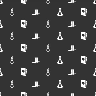 Para çantasını, iskambil destesini, darağacı ipini sallandırmayı ve Kovboy botunu kusursuz desenli giydirmeyi ayarla. Vektör.