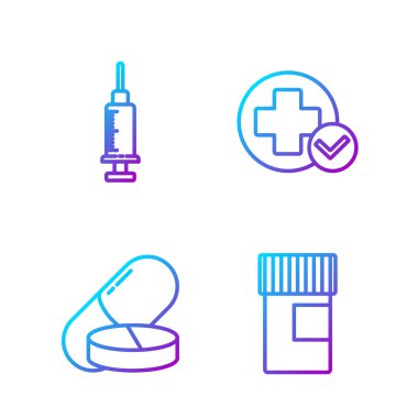 İlaç şişesi, ilaç hapı ya da tablet, şırınga ve Cross hastanesi sağlık sigortası. Renk simgeleri. Vektör.