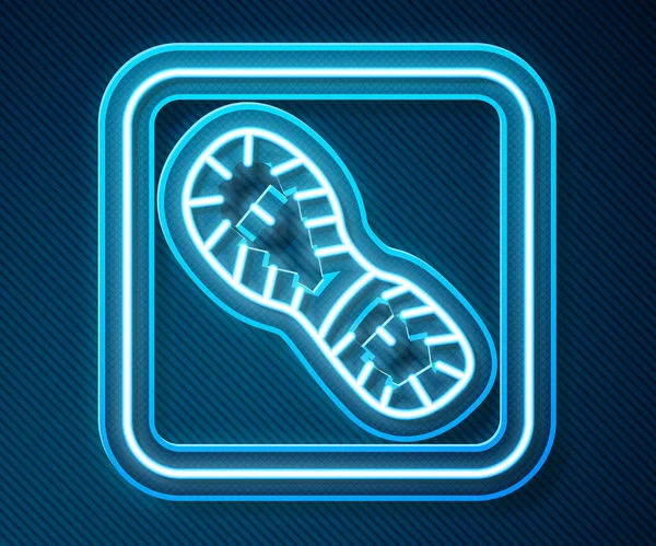 Parlayan neon çizgisi. Mavi arka planda izole edilmiş insan ayak izi ikonu. Ayakkabı tabanı. Vektör.