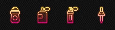 Parfüm, terleme önleyici deodorant ve Pipette. Parlayan neon ikonu. Vektör.