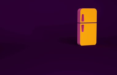 Mor arkaplanda izole edilmiş turuncu buzdolabı ikonu. Buzdolabı buzdolabı. Ev aletleri ve aletler. Minimalizm kavramı. 3d illüstrasyon 3B canlandırma.