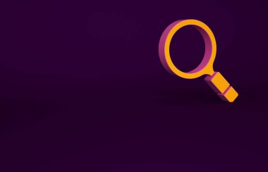 Mor zemin üzerinde arama simgesi olan turuncu büyüteç. Dedektif araştırıyor. Minimalizm kavramı. 3d illüstrasyon 3B canlandırma.