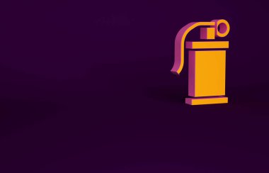 Mor arka planda izole edilmiş turuncu el bombası ikonu. Bomba patlaması. Minimalizm kavramı. 3d illüstrasyon 3B canlandırma.