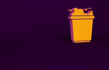 Mor arka planda izole edilmiş köpük ve baloncuk ikonlu turuncu kova. Temizlik hizmeti konsepti. Minimalizm kavramı. 3d illüstrasyon 3B canlandırma.