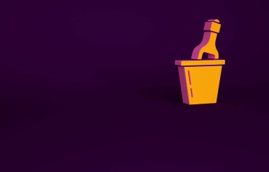 Mor arka planda izole edilmiş buz kovası ikonunda duran turuncu şampanya şişesi. Minimalizm kavramı. 3d illüstrasyon 3B canlandırma.