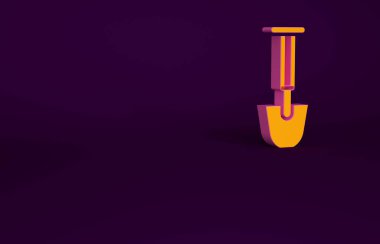 Mor arkaplanda izole edilmiş turuncu kürek ikonu. Bahçe aletleri. Bahçecilik, tarım, çiftçilik aleti. Minimalizm kavramı. 3d illüstrasyon 3B canlandırma.