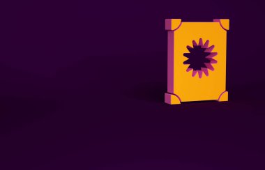 Mor arka planda izole edilmiş turuncu Kadim büyü kitabı simya tarifleri, mistik büyüler ve büyü simgesi. Minimalizm kavramı. 3d illüstrasyon 3B canlandırma.